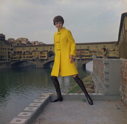 A single-Breasted overcoat of gold ñ yellow woollen double Jersey, with an original lacing, April 17, 1969. (AP Photo)