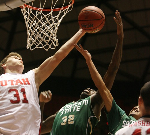 Kim Raff  |  The Salt Lake Tribune
(left) University of Utah player Dallin Bachynski rebounds the ball over the hands of Sacramento State player John Dickson during a men's basketball game at the Huntsman Center in Salt Lake City on November 16, 2012. They went on to lose the game 71-74.