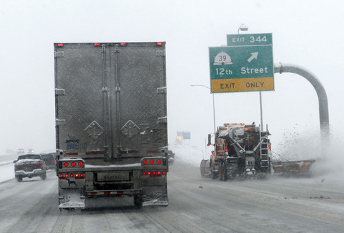 Al Hartmann  |  The Salt Lake Tribune
It was slow going for commuters along I-15 in Ogden Tuesday January 29 during the second installment of a major winter snowstorm to hit northern Utah.