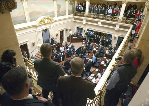 Steve Griffin | The Salt Lake Tribune

The National Anthem is sung in the Senate chambers during the opening of the 2013 legislative season at the Utah State Capitol in Salt Lake City Monday January 28, 2013.