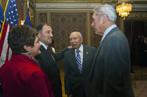 Chris Detrick  |  The Salt Lake Tribune
Utah Gov. Gary Herbert and First Lady Jeanette Herbert meet with Waldo Udarbe, right, and Clarence Udarbe before his State of the State address at the Utah State Capitol Wednesday January 30, 2013.