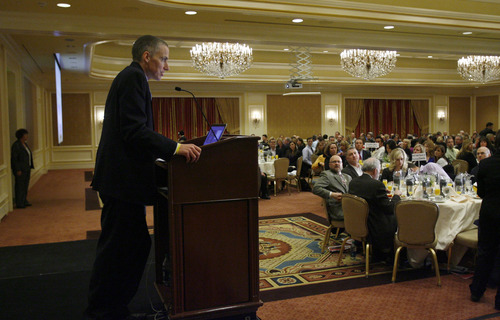 Francisco Kjolseth  |  The Salt Lake Tribune
Kurt Badenhousen, senior editor at Forbes magazine, lays out the positive outlook for Utah as the keynote speaker at a breakfast for the Salt Lake Board of Realtors at the Little America hotel in Salt Lake City on Wednesday, January 30, 2013. The Board of Realtors released its annual housing forecast which gained momentum in 2012 and is expected to continue growing for the next two years.