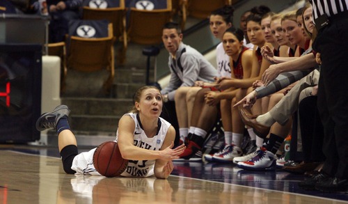 Kim Raff  |  The Salt Lake Tribune
BYU player Haley Steed calls a time out after recovering a loose ball against St. Mary's late in the second half during a game at the Marriott Center in Provo on January 31, 2013.   BYU went on to win 66-58.