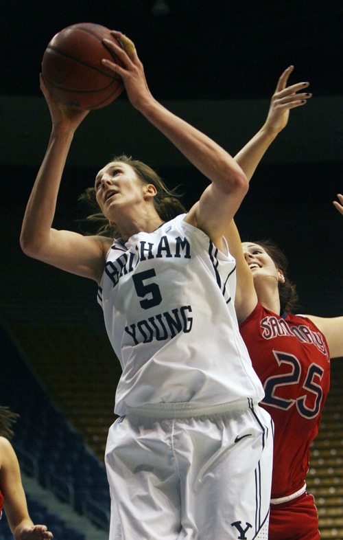 Kim Raff  |  The Salt Lake Tribune
BYU player (left) Jennifer Hamson competes with St. Mary's player Carli Rosenthal for a rebound during a game at the Marriott Center in Provo on January 31, 2013.