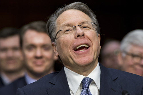 Wayne LaPierre, National Rifle Association CEO, testifies as supporters and opponents of stricter gun control measures face off at a Senate Judiciary Committee hearing on what lawmakers should do to curb gun violence in the wake of last month's shooting rampage at that killed 20 schoolchildren in Newtown, Conn., on Capitol Hill in Washington, Wednesday, Jan. 30, 2013.  (AP Photo/J. Scott Applewhite)