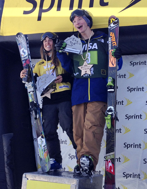 Christopher Kamrani | Salt Lake Tribune 

Americans Maddie Bowman (left) and David Wise celebrate winning the Sprint U.S. Grand Prix halfpipe ski finals event at Park City Mountain Resort Saturday, Feb. 2, 2013.