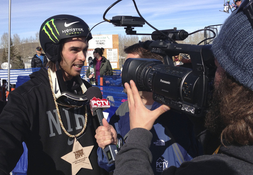 Christopher Kamrani | Salt Lake Tribune 

Kevin Rolland of France does an interview after finishing third in the Sprint U.S. Grand Prix halfpipe ski finals event at Park City Mountain Resort on Saturday, Feb. 2, 2013.