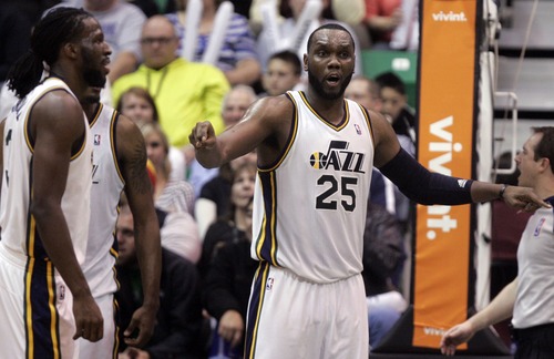 Kim Raff  |  The Salt Lake Tribune
Utah Jazz center Al Jefferson (25) reacts to a foul being called during the second half agains the Portland Trail Blazers at EnergySolutions Arena in Salt Lake City on February 1, 2013.  The Jazz went on to win the game 86-77.