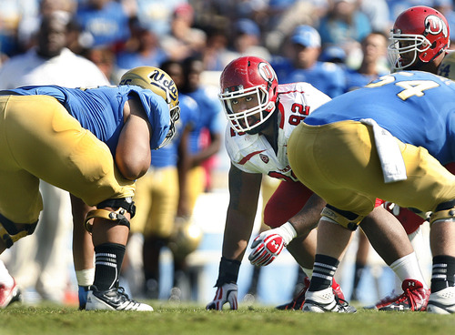 Scott Sommerdorf  |  The Salt Lake Tribune             
Utah defensive lineman Star Lotulelei lines up across from the UCLA offensive line during the second half of their 21-14 loss to UCLA in Pasadena, Saturday, Oct. 13, 2012. Lotulelei is one of many Polynesian athletes from Utah who have helped elevate football in the state.