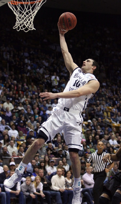 Kim Raff  |  The Salt Lake Tribune
Brigham Young Cougars guard Matt Carlino (10) goes for a layup during a game against the Santa Clara Broncos at the Marriott Center in Provo on February 2, 2013.  BYU went on to win 96-79.