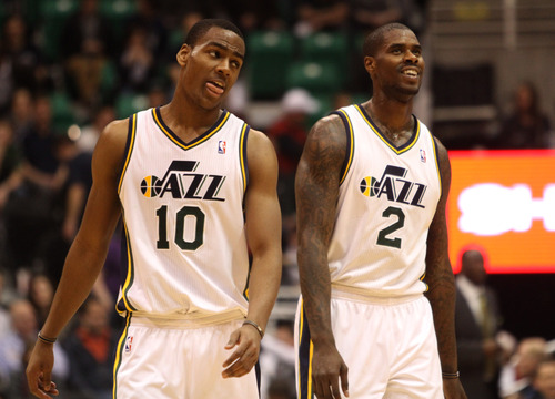 Rick Egan  | The Salt Lake Tribune 

 Alec Burks (10) and Utah Jazz power forward Marvin Williams (2) smile as the Jazz extended their overtime lead to  94-89 with 14 seconds left in the game, in NBA action, Utah vs. Sacramento game, at EnergySolutions Arena, Monday, February 4, 2013.