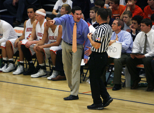 Scott Sommerdorf   |  The Salt Lake Tribune
Brighton coach Jeff Gardner yells at an official during first half play. Later he would be given a technical foul after another disagreement. Alta led Brighton 34-25 at the half at Brighton High, Friday, February 1, 2013.
