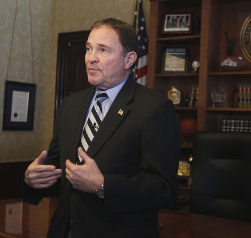 Al Hartmann  |  The Salt Lake Tribune
Gov. Gary Herbert discusses stragegies to reach a goal of  66 percent of Utahns holding post secondary degrees or certificates by 2020.  Herberts comments on Monday came less than a week after Utah Democrats criticized Herbert for not having a strong enough plan to improve education.