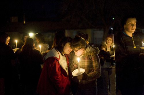 Kim Raff  |  The Salt Lake Tribune
Shayanna Smith and Stormee Ryan become emotional at a vigil for the Powell family at Oquirrh Hills Elementary in Kearns on Sunday.