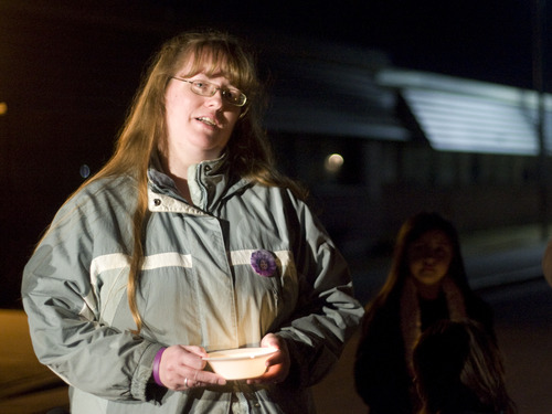 Kim Raff  |  The Salt Lake Tribune
Kiirsi Hellewell makes a statement to the gathering at a vigil for the Powell family at Oquirrh Hills Elementary in Kearns on Sunday. Hellewell was a close friend of Susan Powell and had spearheaded efforts to find Susan, who went missing in December 2009.