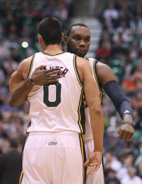 Steve Griffin | The Salt Lake Tribune


Utah's Enes Kanter gets a hug from Al Jefferson after as he heads to the bench during first half action in the Utah Jazz versus the Milwaukee Bucks basketball game at EnergySolutions Arena in Salt Lake City, Utah Wednesday February 6, 2013.