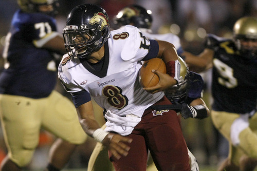 Chris Detrick  |  The Salt Lake Tribune
Herriman's Tueni Lupeamanu (8) runs the ball during the first half of the game at Skyline High School on Sept. 21, 2012. Lupeamanu has committed to play at the University of Idaho.