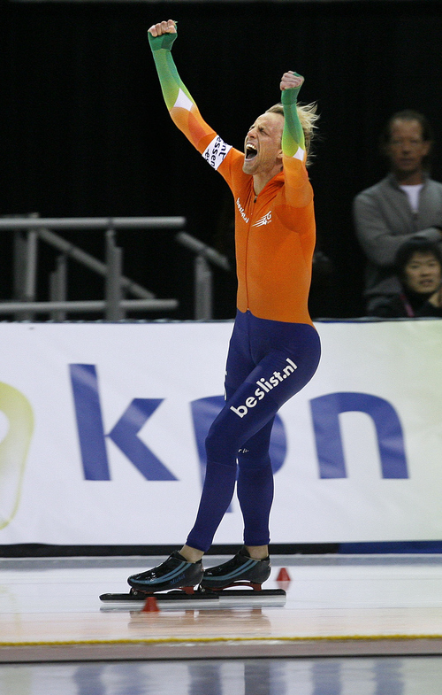 Scott Sommerdorf   |  The Salt Lake Tribune
Michel Mulder of The Netherlands reacts as he wins his match and accumulates enough points to clinch his finish as the Men's ISU Sprint World Champion at the Utah Olympic Oval, Sunday, Jan. 27, 2013. His time in the Men's 1000m was 1:07.65.