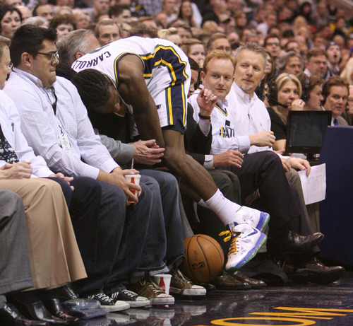 Steve Griffin | The Salt Lake Tribune


Utah's DeMarre Carroll crashes into the front row as Utah Jazz CEO Greg Miller, right, looks on during second half action in the Utah Jazz versus the Milwaukee Bucks basketball game at EnergySolutions Arena in Salt Lake City, Utah Wednesday February 6, 2013.