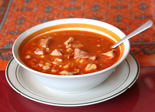 Rick Egan  | The Salt Lake Tribune 
Posole, a traditional Mexican soup, made with hominy and tender roast pork, is available on Friday, Saturday and Sunday only at Taco Taco, on Washington, in Ogden.
