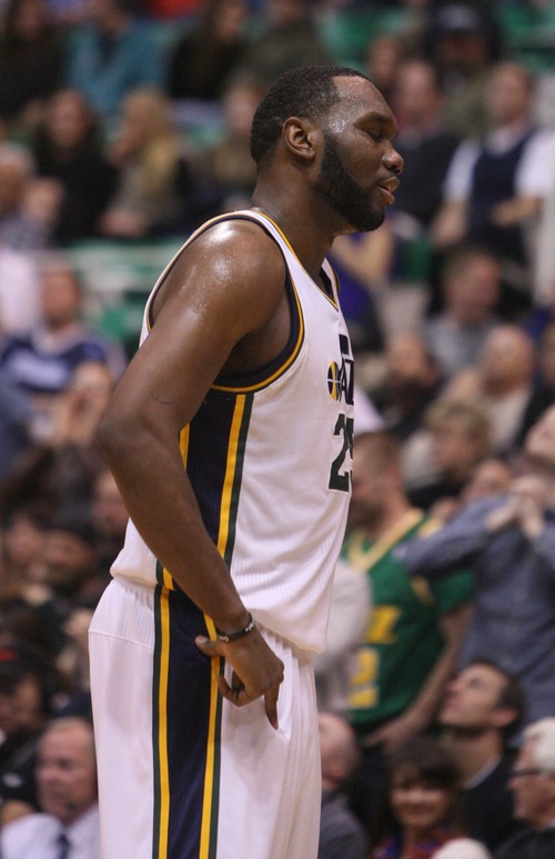 Kim Raff  |  The Salt Lake Tribune
Utah Jazz center Al Jefferson (25) reacts to a foul called on the Utah Jazz during the first half against the Chicago Bulls at EnergySolutions Arena in Salt Lake City on February 8, 2013.
