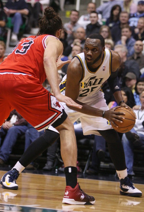 Kim Raff  |  The Salt Lake Tribune
(right) Utah Jazz center Al Jefferson (25) looks for a hole as (left) Chicago Bulls center Joakim Noah (13) defends during the first half at EnergySolutions Arena in Salt Lake City on February 8, 2013.