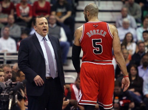 Kim Raff  |  The Salt Lake Tribune
Chicago Bulls head coach Tom Thibodeau yells to his team as Chicago Bulls power forward Carlos Boozer (5) walks to the bend during the first half at EnergySolutions Arena in Salt Lake City on February 8, 2013.