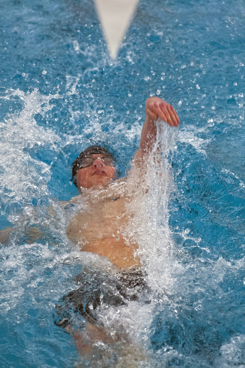 Chris Detrick  |  The Salt Lake Tribune
Sam England, of Wasatch High, competes in the 100 Yard Backstroke during the Utah High School State 3A Championships at BYU Saturday February 9, 2013.