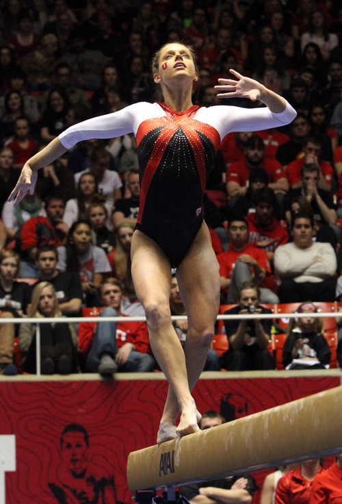 Rick Egan  | The Salt Lake Tribune 

Breanna Hughes competes on the Beam for the Ute's, in gymnastics action against The University of California, at the Huntsman Center, Saturday, February 9, 2013.