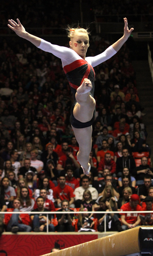 Rick Egan  | The Salt Lake Tribune 

Georgia Dabritz competes on the Beam for the Ute's, in gymnastics action against The University of California, at the Huntsman Center, Saturday, February 9, 2013.