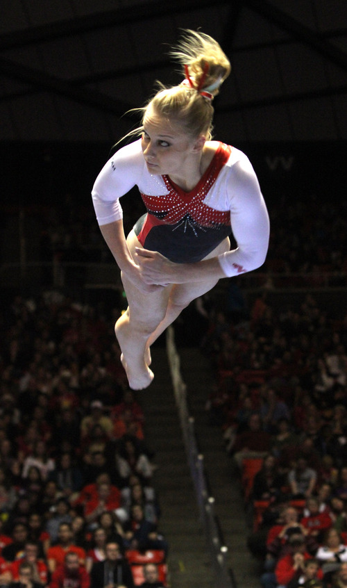 Rick Egan  | The Salt Lake Tribune 

Georgia Dabritz dismounts as she competes on the Beam for the Ute's, in gymnastics action against The University of California, at the Huntsman Center, Saturday, February 9, 2013.