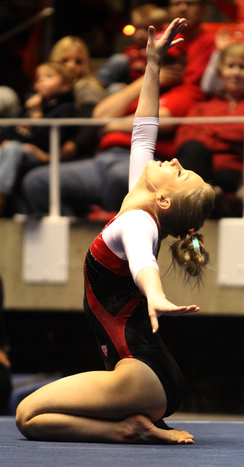 Rick Egan  | The Salt Lake Tribune 

Georgia Dabritz competes on the floor for the Ute's, in gymnastics action against The University of California, at the Huntsman Center, Saturday, February 9, 2013.