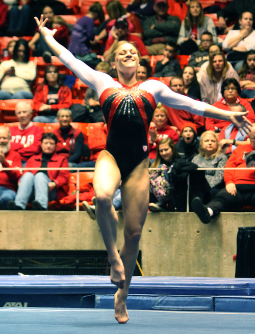 Rick Egan  | The Salt Lake Tribune 

Lia Del Priore competes on the floor for the Ute's, in gymnastics action against The University of California, at the Huntsman Center, Saturday, February 9, 2013.