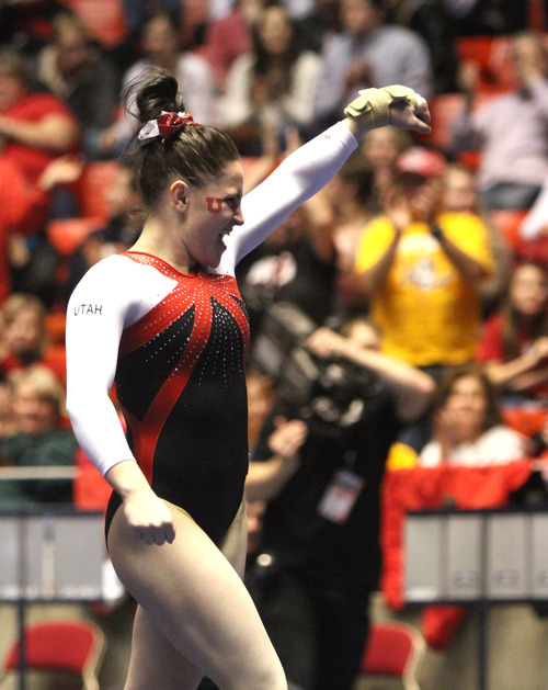 Rick Egan  | The Salt Lake Tribune 

Becky Tutka celebrates after her performance on the floor for the Ute's, in gymnastics action against The University of California, at the Huntsman Center, Saturday, February 9, 2013.