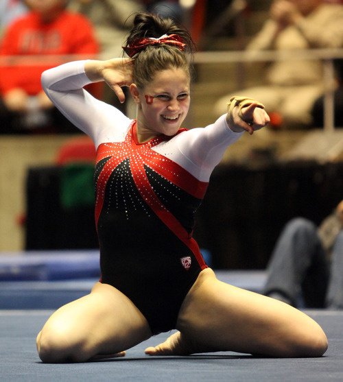 Rick Egan  | The Salt Lake Tribune 

Becky Tutka competes on the floor for the Ute's, in gymnastics action against The University of California, at the Huntsman Center, Saturday, February 9, 2013.