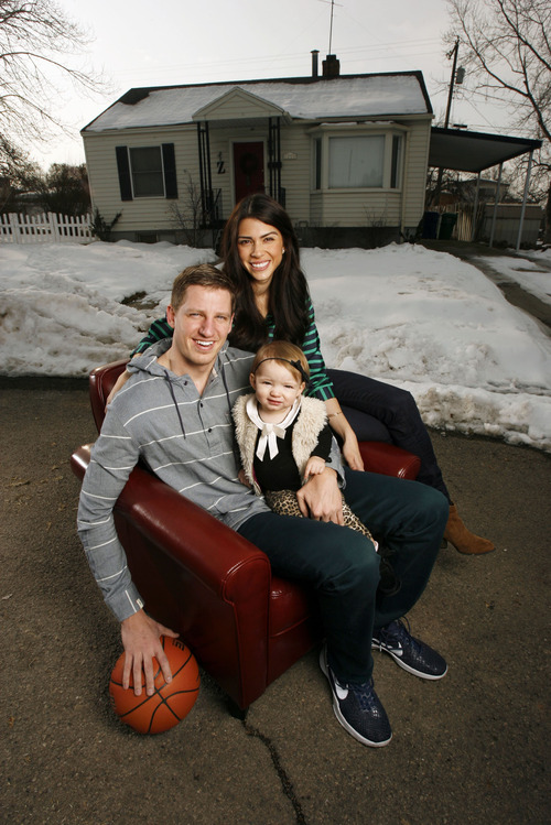 Francisco Kjolseth  |  The Salt Lake Tribune
BYU's basketball player Brock Zylstra, pictured with his wife Sarah and daughter Sophia, 15-months, started his career as a walk-on, and is now a starter for the Cougars. Interestingly, the senior living in Provo has a mortgage too. Yes, Zylstra is a homeowner, a rarity for a college athlete.