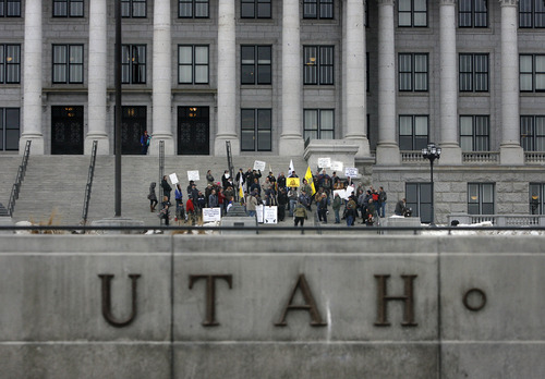 Scott Sommerdorf   |  The Salt Lake Tribune
A small pro-guns rally on the south steps of the Utah State Capitol building, Friday, February 8, 2013.