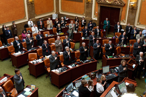 Trent Nelson  |  The Salt Lake Tribune
Utah legislators recite the pledge of allegiance at the start of the day in the House Chamber Friday, February 8, 2013 in Salt Lake City.