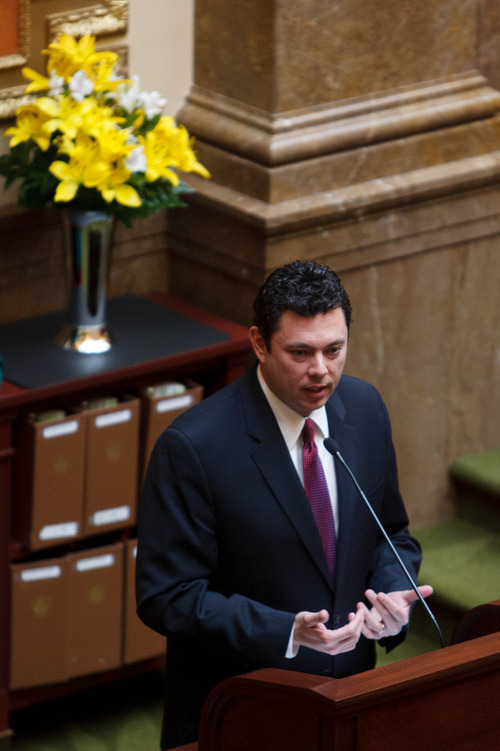 Trent Nelson  |  The Salt Lake Tribune
Congressman Jason Chaffetz addresses legislators in the House Chamber Friday, February 8, 2013 in Salt Lake City.