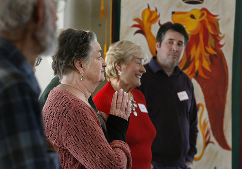 Scott Sommerdorf   |  The Salt Lake Tribune
Carla Kelly, second from left, pauses after an activity during a workshop put on by the Human Rights Education group to teach people how to find common ground even when divided over religion in "Deans Hall" at St. Marks Episcopal Church, Saturday, February 9, 2013.