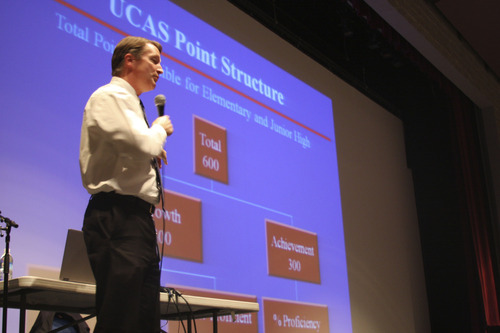 Anna Gedal  |  Special to The Tribune
Granite School District Superintendent Martin Bates discusses the new grading system at a parent meeting in January. The Utah State Office of Education will use the system to demonstrate how well a school is doing academically.