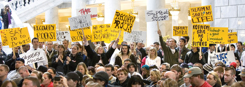 Paul Fraughton  |   Salt Lake Tribune
Hundreds of people fill the Capitol Rotunda to listen to speakers at the 5th annual Rally for Recovery. The purpose of the event is to draw awareness to the effectiveness of drug, alcohol and mental health programs  and to urge lawmakers to support funding for recovery programs.