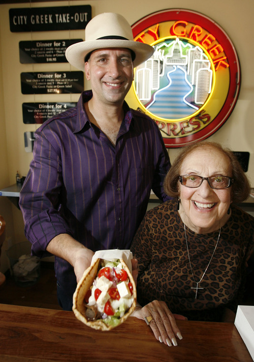 Steve Griffin  |  Tribune file photo
City Greek Express restaurant owner George Furgis with his mother, Ellen Vidialakis Furgis, holding a gyro in the Salt Lake City store Sept. 2, 2009.