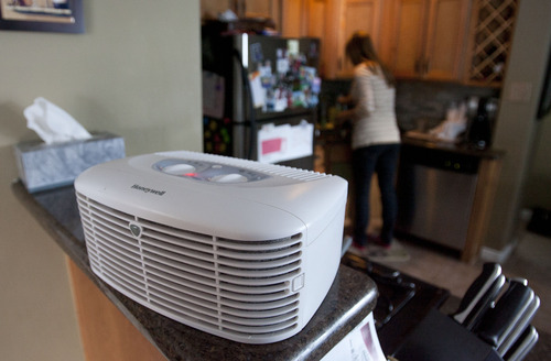 Steve Griffin | The Salt Lake Tribune
Bridget James is 5 1/2 months pregnant and is worried about how pollution will affect her unborn son. Her an air purifier cleans the air as she does the dishes in her home in Salt Lake City.
