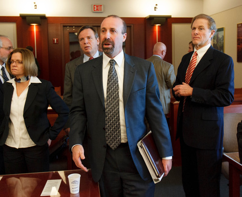 Trent Nelson  |  The Salt Lake Tribune
Assistant Attorneys General Joni Jones and David Wolf, and attorney Jeffrey Shields after a court hearing concerning Utah's management of the United Effort Plan Friday, February 15, 2013 in Salt Lake City. At rear left is attorney Mark Callister.