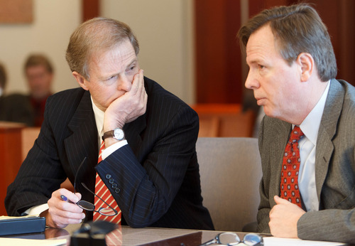 Trent Nelson  |  The Salt Lake Tribune
Attorneys Jeffrey Shields and Mark Callister at a court hearing concerning Utah's management of the United Effort Plan Friday, February 15, 2013 in Salt Lake City.