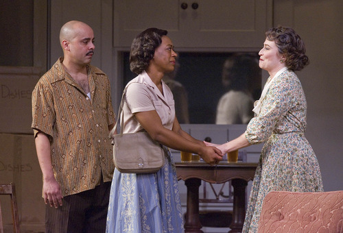 Paul Fraughton  |  The Salt Lake Tribune
Howard W. Overshown as Albert, Erika Rose  as Francine and Celeste Ciulla as Bev in the Pioneer Theatre Company production of "Clybourne Park."