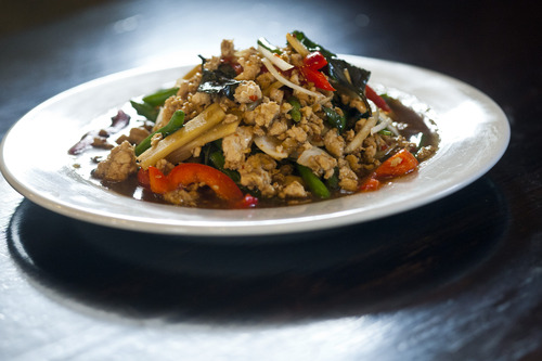 Chris Detrick  |  The Salt Lake Tribune
Pad Ga Prow with chicken is a traditional stir-fry of bell peppers, onions, garlic, Thai basil from Bon Appe-Thai.