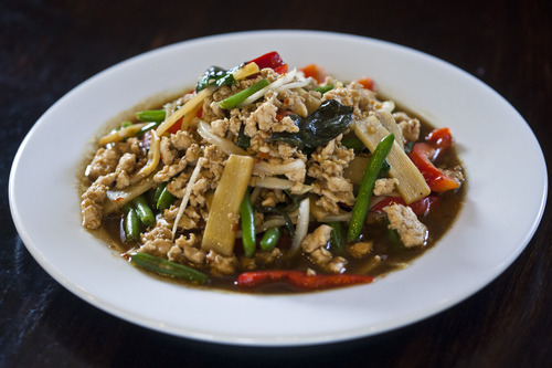 Chris Detrick  |  The Salt Lake Tribune
Pad Ga Prow with chicken is a traditional stir fry of bell peppers, onions, garlic, Thai basil from Bon Appe-Thai.
