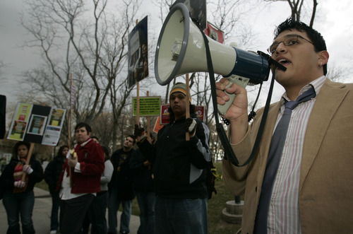 Jim Urquhart | The Salt Lake Tribune
Joel Arvizo of Ogden, a University of Utah student, uses to bullhorn during a protest at the U. of U. organized by the Coalition of American Indian Students.  Students questioned the school's commitment to American Indian educational equity, citing as evidence the U.'s relinquishment last year of $2.1 million in federal funds for American Indian teacher education programs.